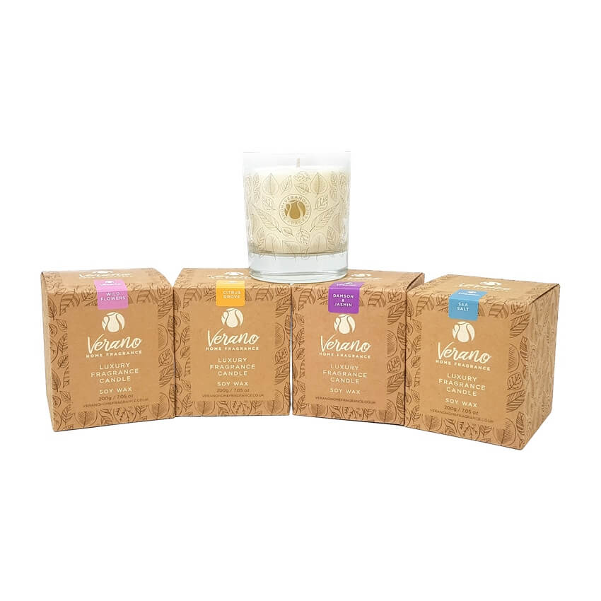 Verano Home Fragrance - Screen Printed Glass Candle In A "Kraft" Recycled Gift Box