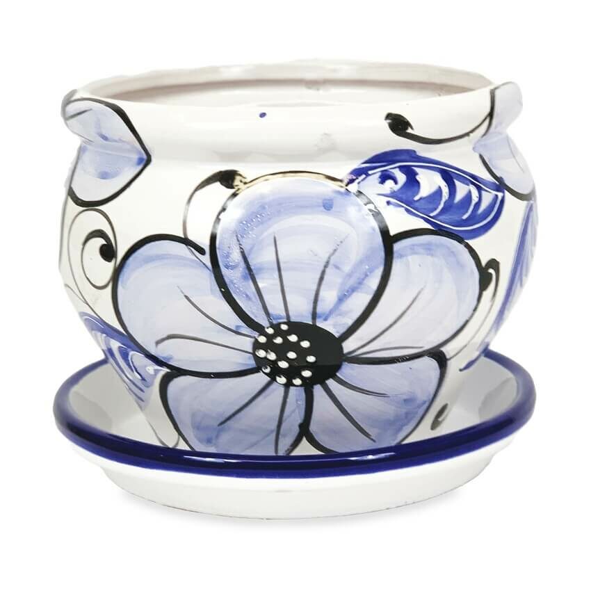 Bola Pot 25x21cm Blue Flower with 27cm Drainage Plate