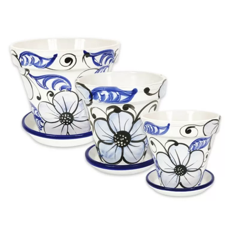 Classic Blue Flower Plant Pots – Set of 3